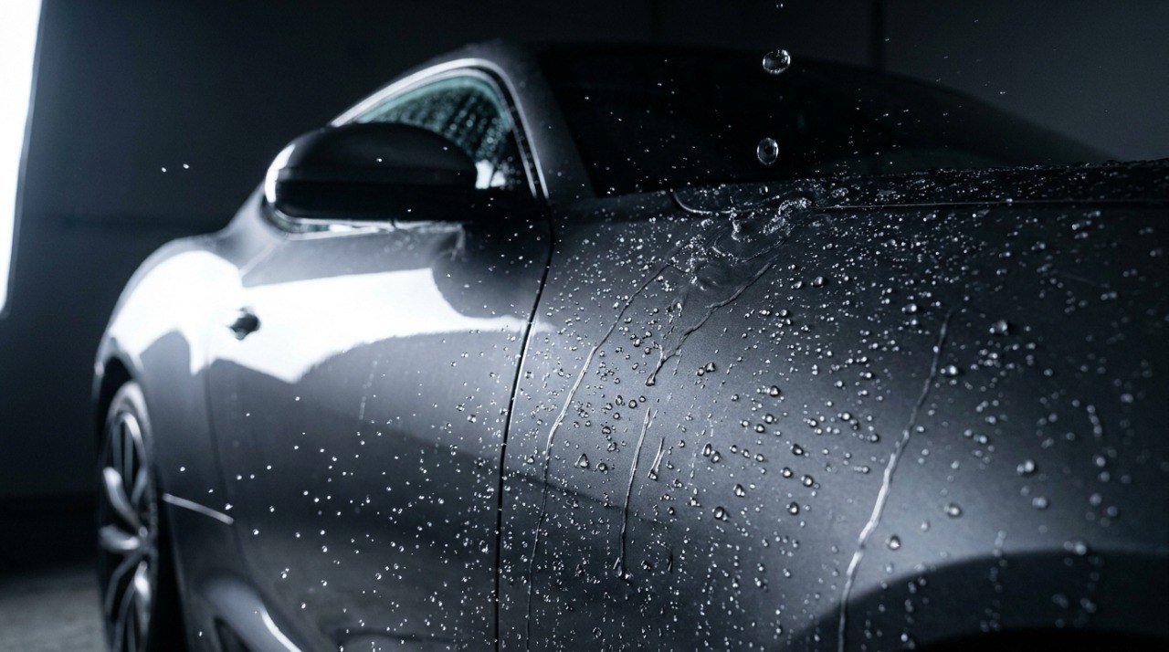 Silver hatchback with a fresh ceramic coat in a clean studio detailing bay