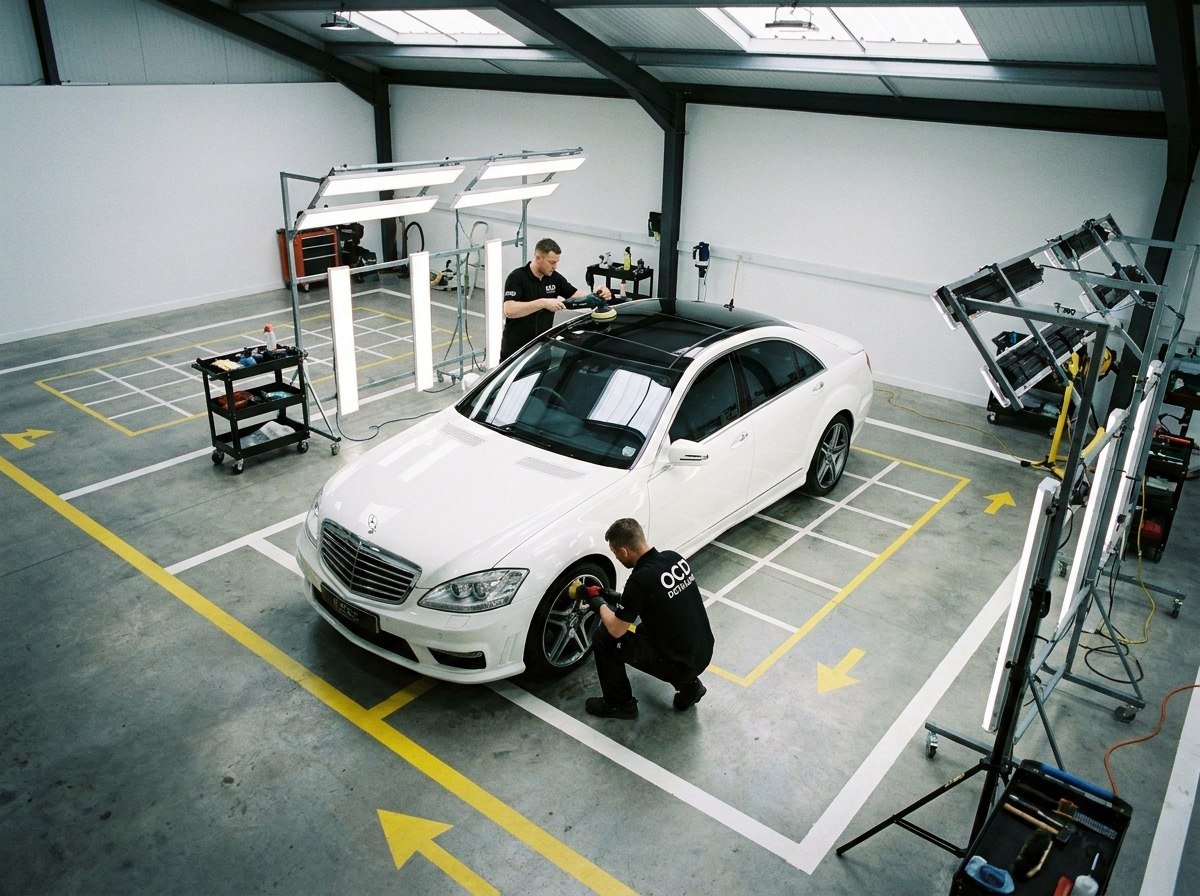Freshly coated car resting in a dust-controlled studio bay while the coating cures