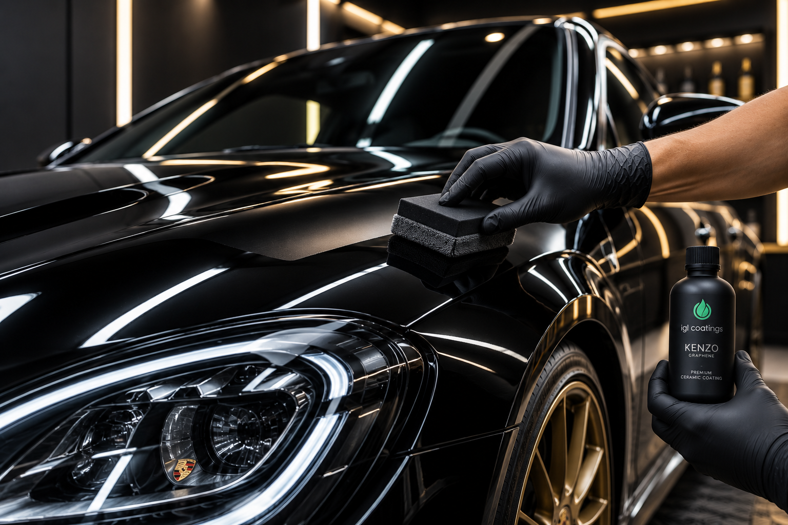 Gleaming black luxury sedan freshly coated with graphene ceramic under studio spotlights